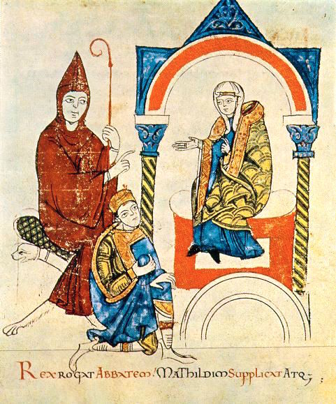 插图 2 十二世纪抄本中的插图，神圣罗马皇帝亨利四世（中）跪在玛蒂尔达女伯爵（右）面前请求原谅，左侧红衣男子是亨利四世的教父Hugh of Cluny